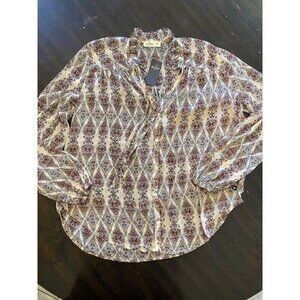 Hollister Women's Size Medium Long Sleeve V Tie Neck Button Down Blouse‎ Sheer